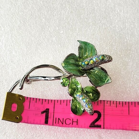 Vintage Rhinestone Floral Brooch Sparkling Green Leaves - Picture 9 of 12